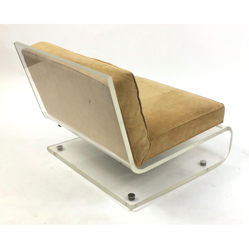 2011 - 1970's Jacques Charepentier Lucite chair with suede upholstered cushions, 59cm high x 68cm wide x 80... 