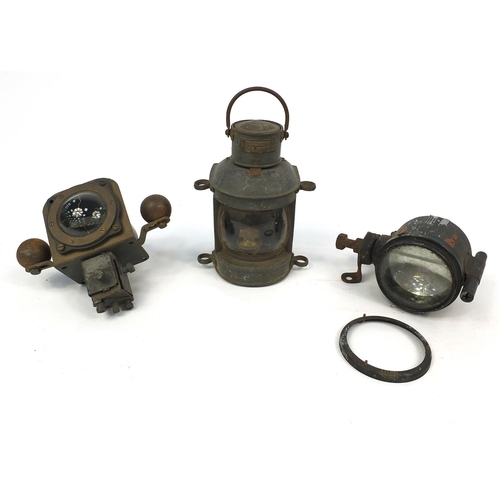 653 - Vintage compass together with two vintage lanterns