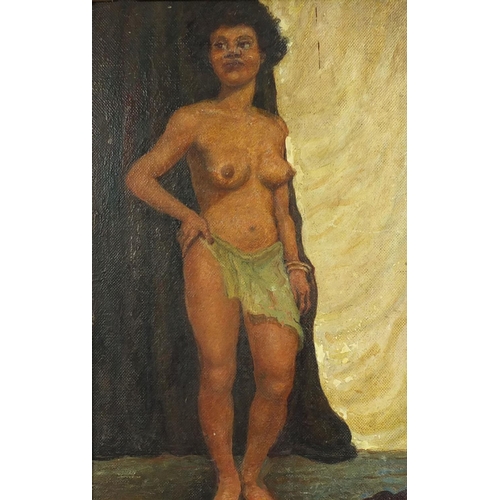 1021 - Oil onto board, semi nude African female, bearing an inscription to the reverse, ornately gilt frame... 