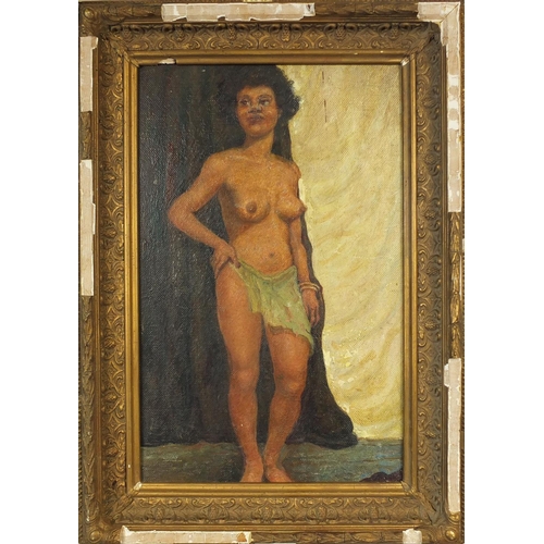 1021 - Oil onto board, semi nude African female, bearing an inscription to the reverse, ornately gilt frame... 