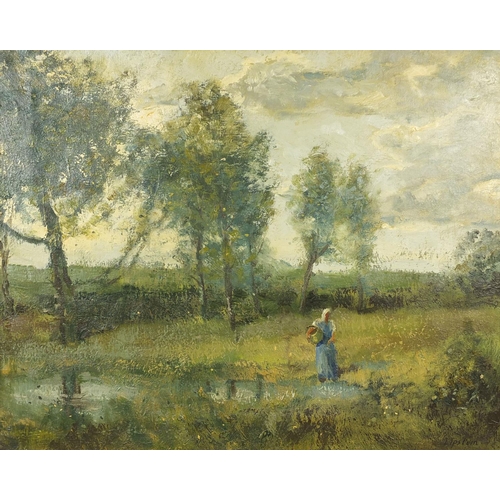 1022 - Impressionist oil onto canvas, lady in a field collecting water, mounted and ornately framed, 49cm x... 