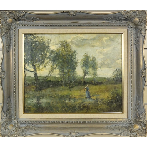 1022 - Impressionist oil onto canvas, lady in a field collecting water, mounted and ornately framed, 49cm x... 