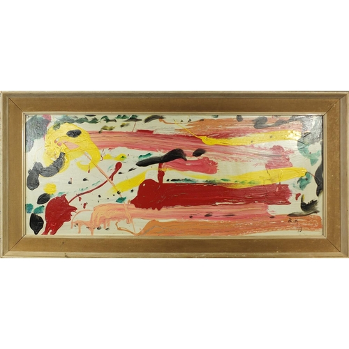 1035 - Oil onto board abstract composition, bearing a monogram RH 73, mounted and framed, inscriptions to t... 