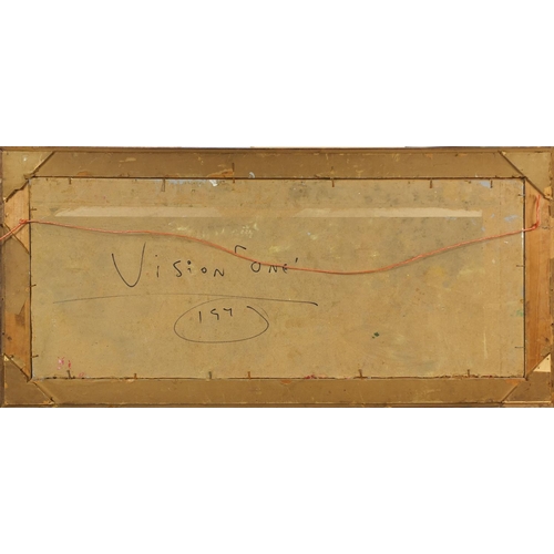 1035 - Oil onto board abstract composition, bearing a monogram RH 73, mounted and framed, inscriptions to t... 