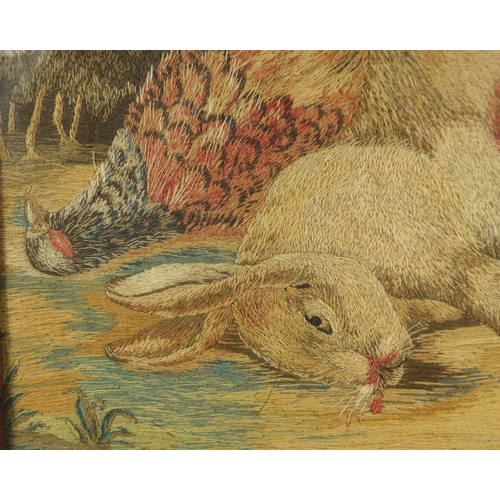 50 - 19th century Wool work picture, pheasant and hare, framed, mounted in an oak frame, 56cm x 47cm excl... 