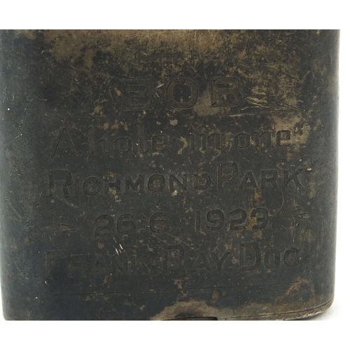 165 - Golfing interest silver pocket lighter, with engraved inscription 'Bob A Hole in One Richmond Park 2... 