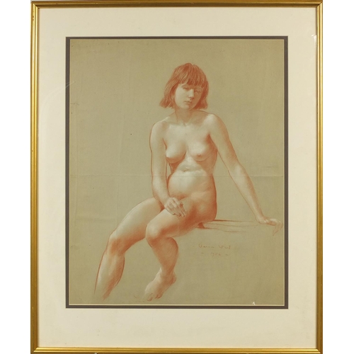 1024 - Vernon Ward - Sanguine chalk, seated nude female, dated 1954, mounted and framed, 61cm x 50cm exclud... 