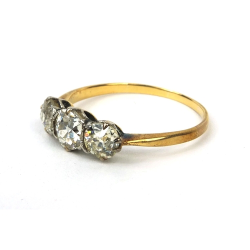 739 - Unmarked gold diamond three stone ring, size P, approximate weight 2.2g