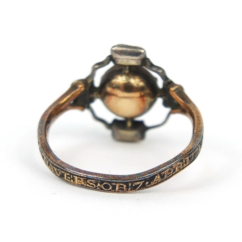 740 - 18th century mourning ring set with three diamonds and clear stones with black enamelled shank - Sar... 