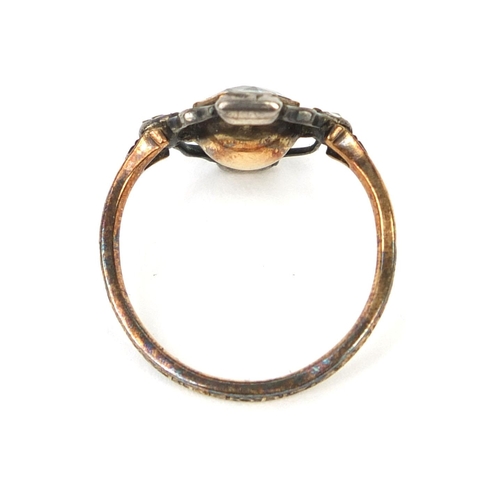 740 - 18th century mourning ring set with three diamonds and clear stones with black enamelled shank - Sar... 