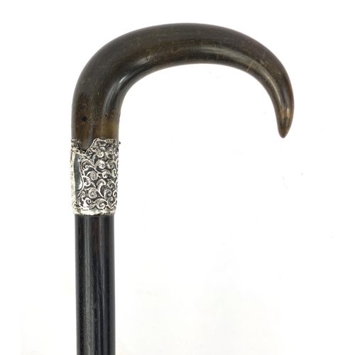 28 - Ebonised walking stick with horn handle and silver collar engraved 'Bishop of Taunton from C.H.L Oct... 