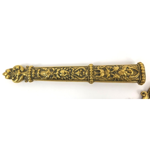 60 - 19th Century French brass and steel seamstress scissors, housed in an ornate floral case, 25cm long