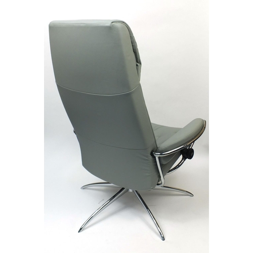 2016 - Ekornes stressless grey leather reclining chair with stool, the chair 112cm high