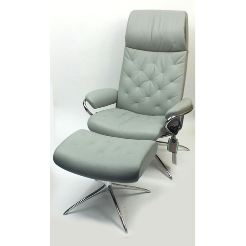 2016 - Ekornes stressless grey leather reclining chair with stool, the chair 112cm high