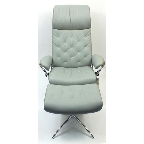 2016 - Ekornes stressless grey leather reclining chair with stool, the chair 112cm high