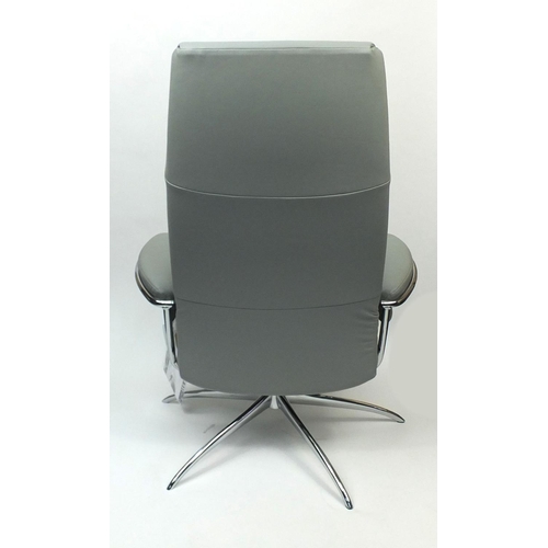 2016 - Ekornes stressless grey leather reclining chair with stool, the chair 112cm high