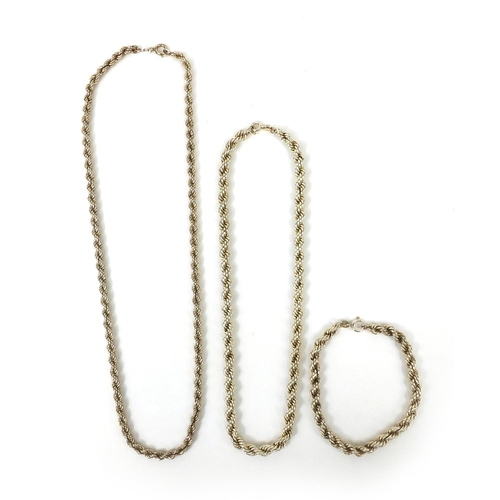 2511 - Two silver rope twist necklaces and a bracelet, the largest 48cm long, approximate weight 41.0g