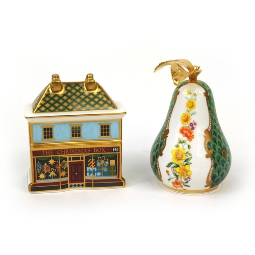 2051 - Royal Worcester pear candle snuffer together with a Royal Crown Derby, The Christmas Box paperweight... 