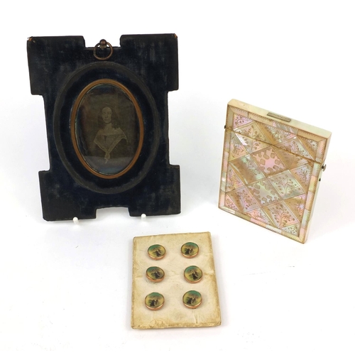 78 - Group of objects comprising a Victorian Mother of Pearl Abalone calling card case, set of six Edward... 