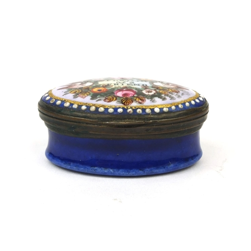 51 - Antique Bilston enamel pill box the hinged lid inscribed 'The Gift of a Friend' and hand enamelled w... 