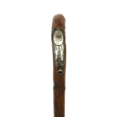 31 - Brigg of London bamboo walking stick with silver mounted concealed pencil, engraved AK 1894, London ... 
