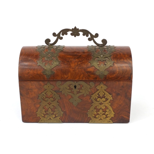 19 - Victorian dome topped burr walnut stationery box with fitted interior, ornate brass mounts and swing... 