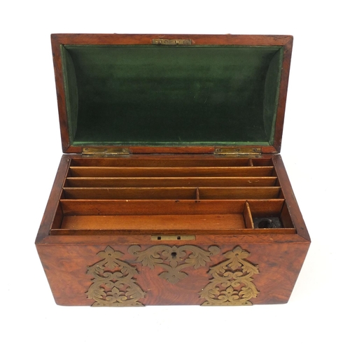 19 - Victorian dome topped burr walnut stationery box with fitted interior, ornate brass mounts and swing... 