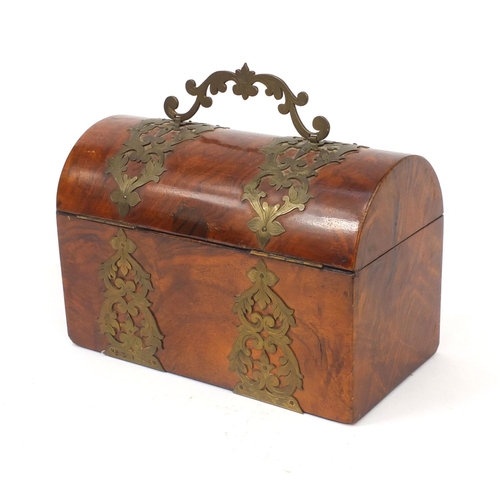 19 - Victorian dome topped burr walnut stationery box with fitted interior, ornate brass mounts and swing... 