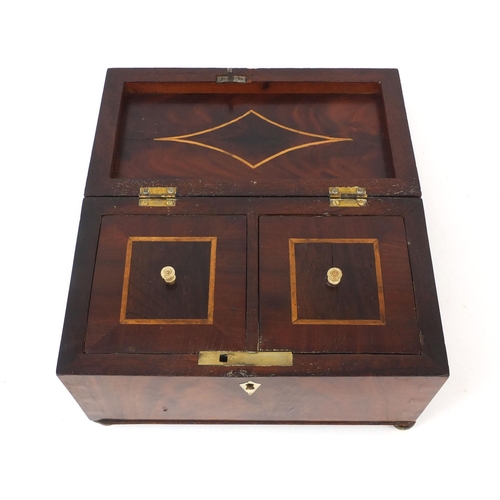 18 - Victorian flame mahogany twin divisional tea caddy with banded inlay and ivory escutcheon, 14cm high... 