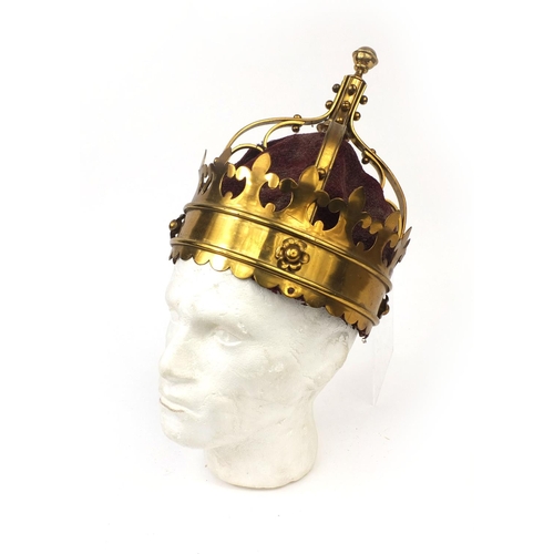 134 - Victorian brass coronet with red velvet interior, 29cm high