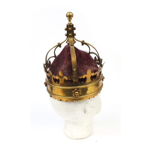 134 - Victorian brass coronet with red velvet interior, 29cm high