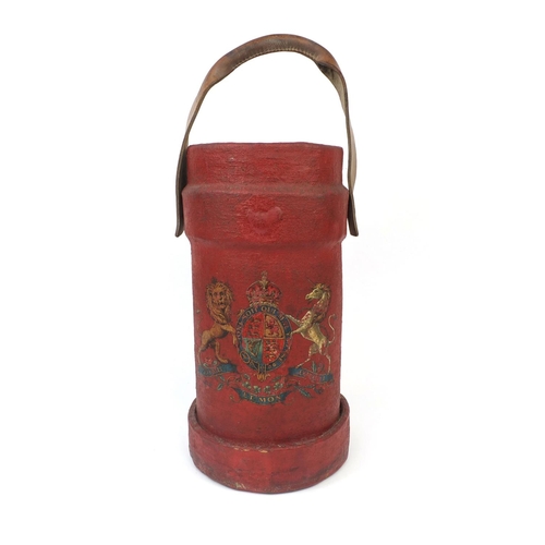 123 - Red painted canvas fire bucket with Heraldic crest and brown leather carrying handle, 43cm high