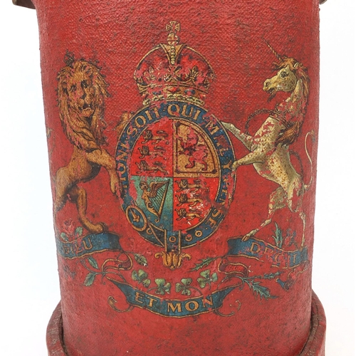 123 - Red painted canvas fire bucket with Heraldic crest and brown leather carrying handle, 43cm high