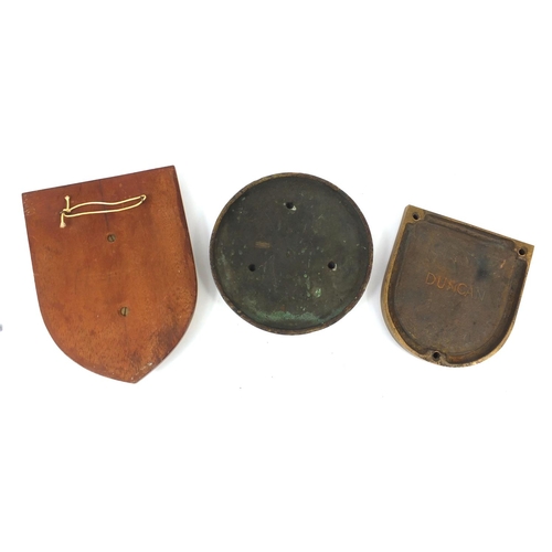 117 - Three Naval interest wall plaques including two heavy brass examples one being a HMS Duncan example,... 