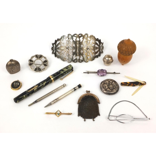 74 - Group of objects including a silver nurses belt buckle, Swan marbleised fountain pen with 14ct gold ... 