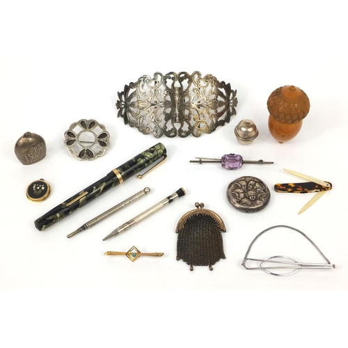 74 - Group of objects including a silver nurses belt buckle, Swan marbleised fountain pen with 14ct gold ... 