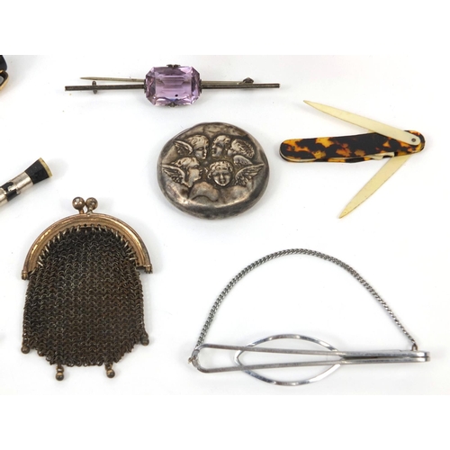 74 - Group of objects including a silver nurses belt buckle, Swan marbleised fountain pen with 14ct gold ... 