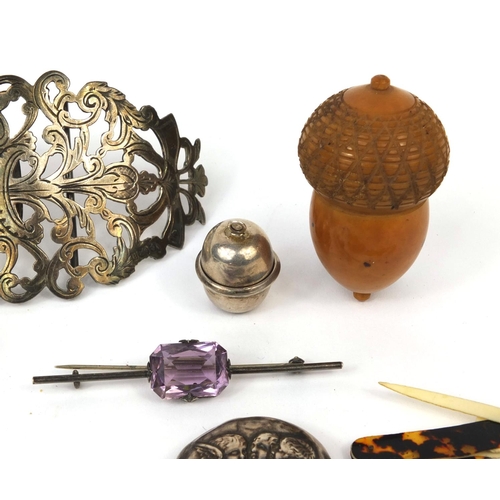 74 - Group of objects including a silver nurses belt buckle, Swan marbleised fountain pen with 14ct gold ... 