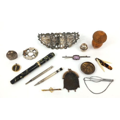 74 - Group of objects including a silver nurses belt buckle, Swan marbleised fountain pen with 14ct gold ... 