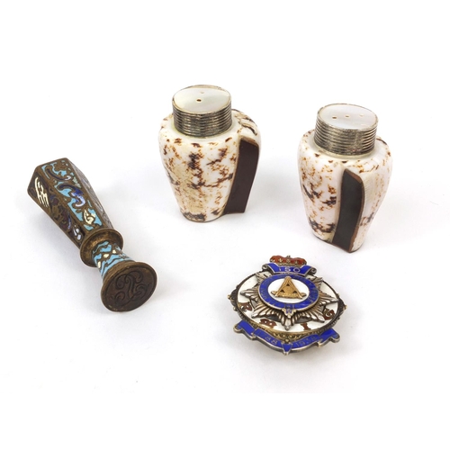 77 - Objects comprising enamelled desk seal, silver and enamelled Masonic brooch and a pair of novelty sh... 