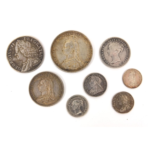 261 - Group of George II British silver coinage including Maundy coins and six pence's, the largest 2.4cm ... 