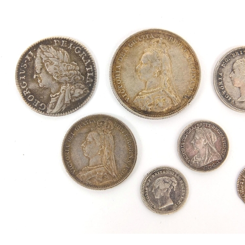 261 - Group of George II British silver coinage including Maundy coins and six pence's, the largest 2.4cm ... 