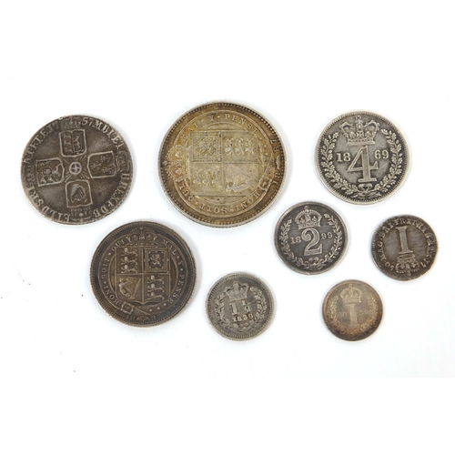 261 - Group of George II British silver coinage including Maundy coins and six pence's, the largest 2.4cm ... 