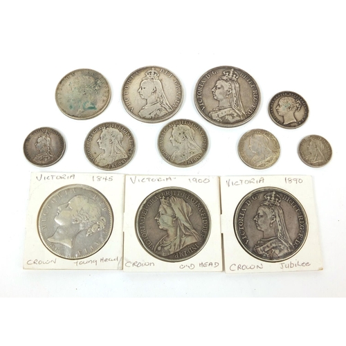 262 - Group of Victorian British silver coinage including four crowns including an 1845 example, shillings... 