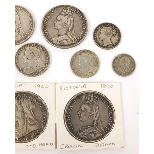 262 - Group of Victorian British silver coinage including four crowns including an 1845 example, shillings... 