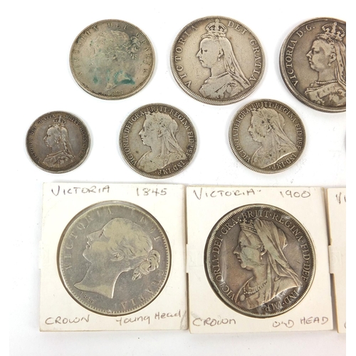 262 - Group of Victorian British silver coinage including four crowns including an 1845 example, shillings... 