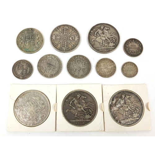 262 - Group of Victorian British silver coinage including four crowns including an 1845 example, shillings... 