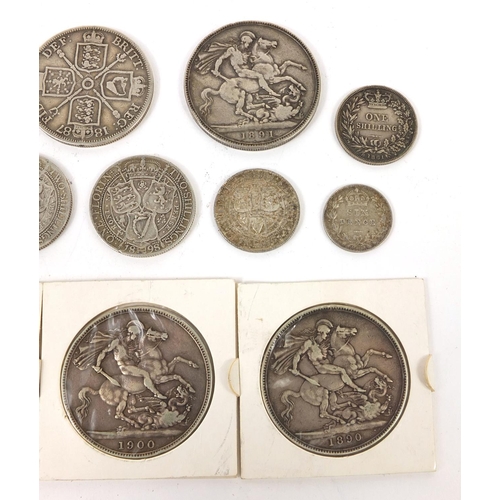 262 - Group of Victorian British silver coinage including four crowns including an 1845 example, shillings... 