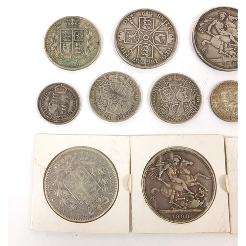 262 - Group of Victorian British silver coinage including four crowns including an 1845 example, shillings... 