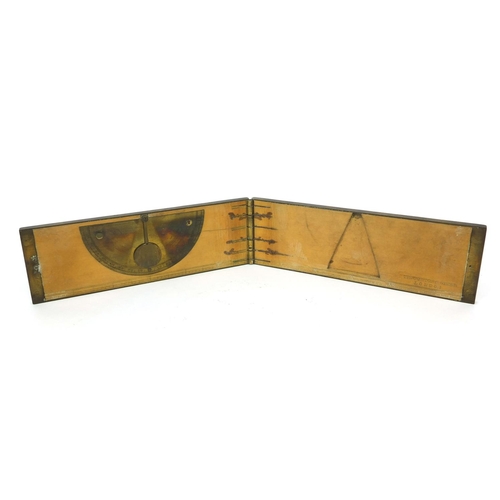 142 - Troughton & Sims of London brass and boxwood folding ruler with inset clinometer and brown leather p... 